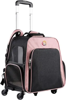 Pet Rolling Carrier with Removable Wheels, Soft-Sided Travel Carrier for Cats & Small Dogs, Mesh Panels & Detachable Fleece Bed
