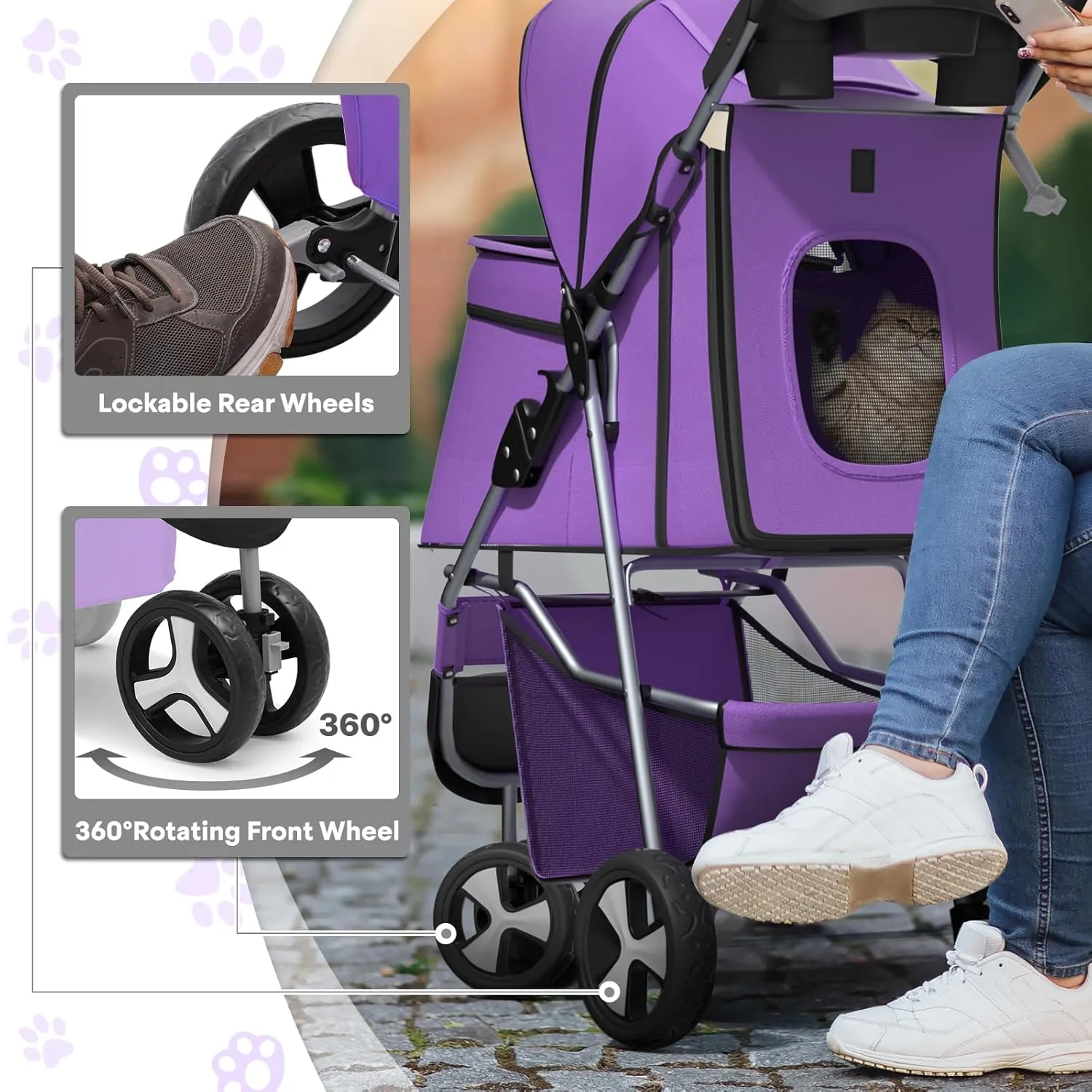 Pet Stroller for Small Dogs 10 lbs, Dog Stroller for Medium Dogs 30 lbs, Cat Strollers for 2 Cats, 3 Wheels Foldable Jogger Puppy Stroller with Storage Basket and Cup Holder, Purple