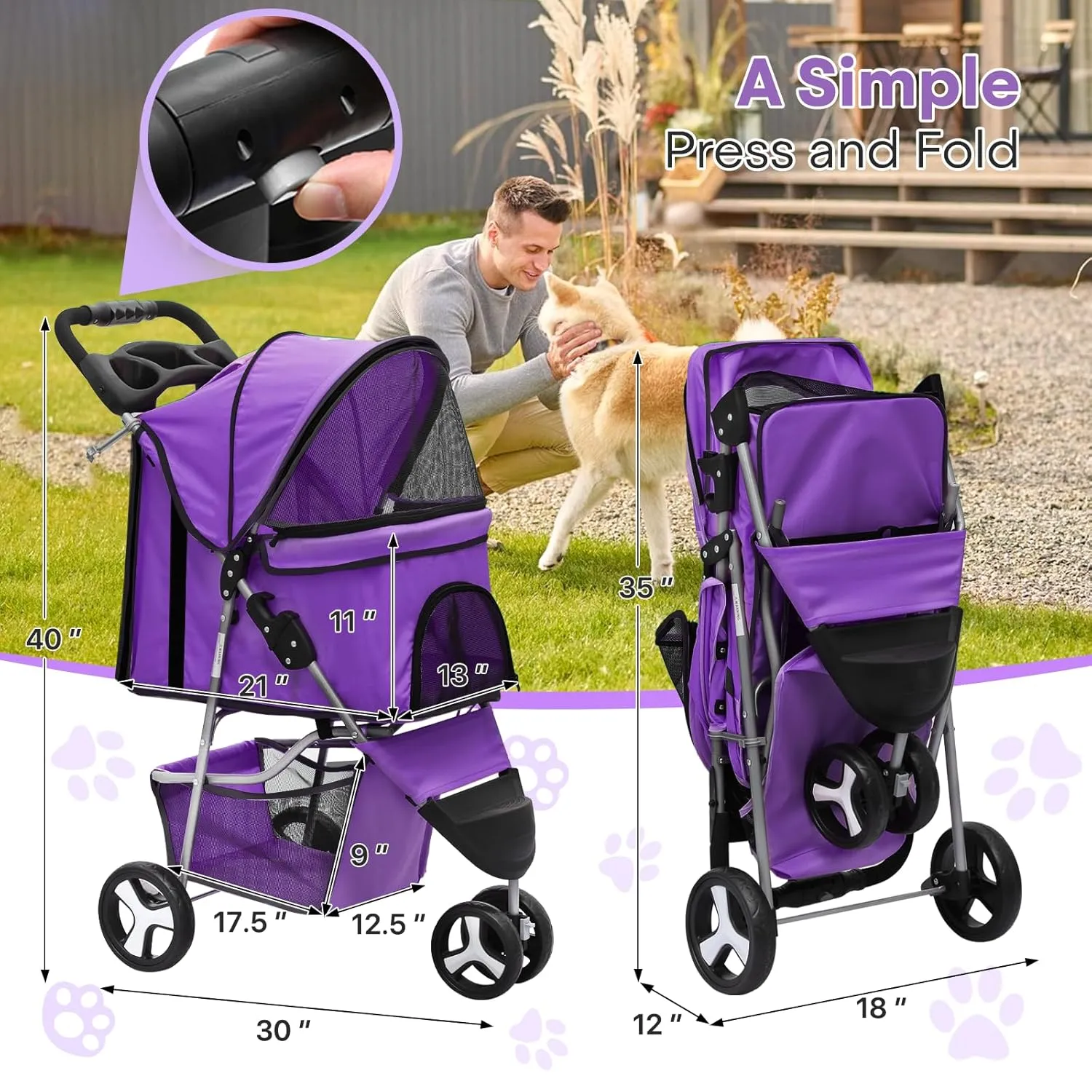 Pet Stroller for Small Dogs 10 lbs, Dog Stroller for Medium Dogs 30 lbs, Cat Strollers for 2 Cats, 3 Wheels Foldable Jogger Puppy Stroller with Storage Basket and Cup Holder, Purple