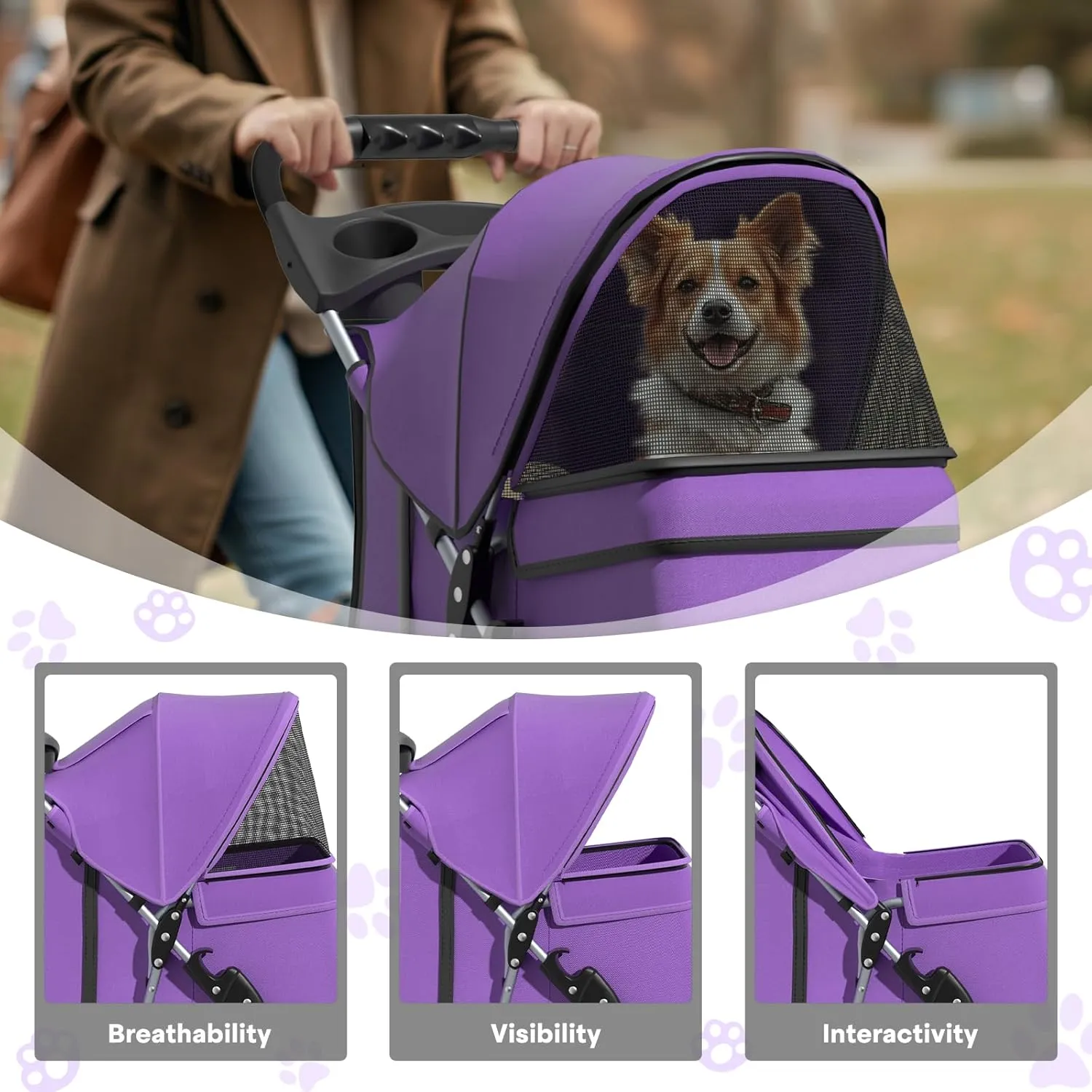 Pet Stroller for Small Dogs 10 lbs, Dog Stroller for Medium Dogs 30 lbs, Cat Strollers for 2 Cats, 3 Wheels Foldable Jogger Puppy Stroller with Storage Basket and Cup Holder, Purple