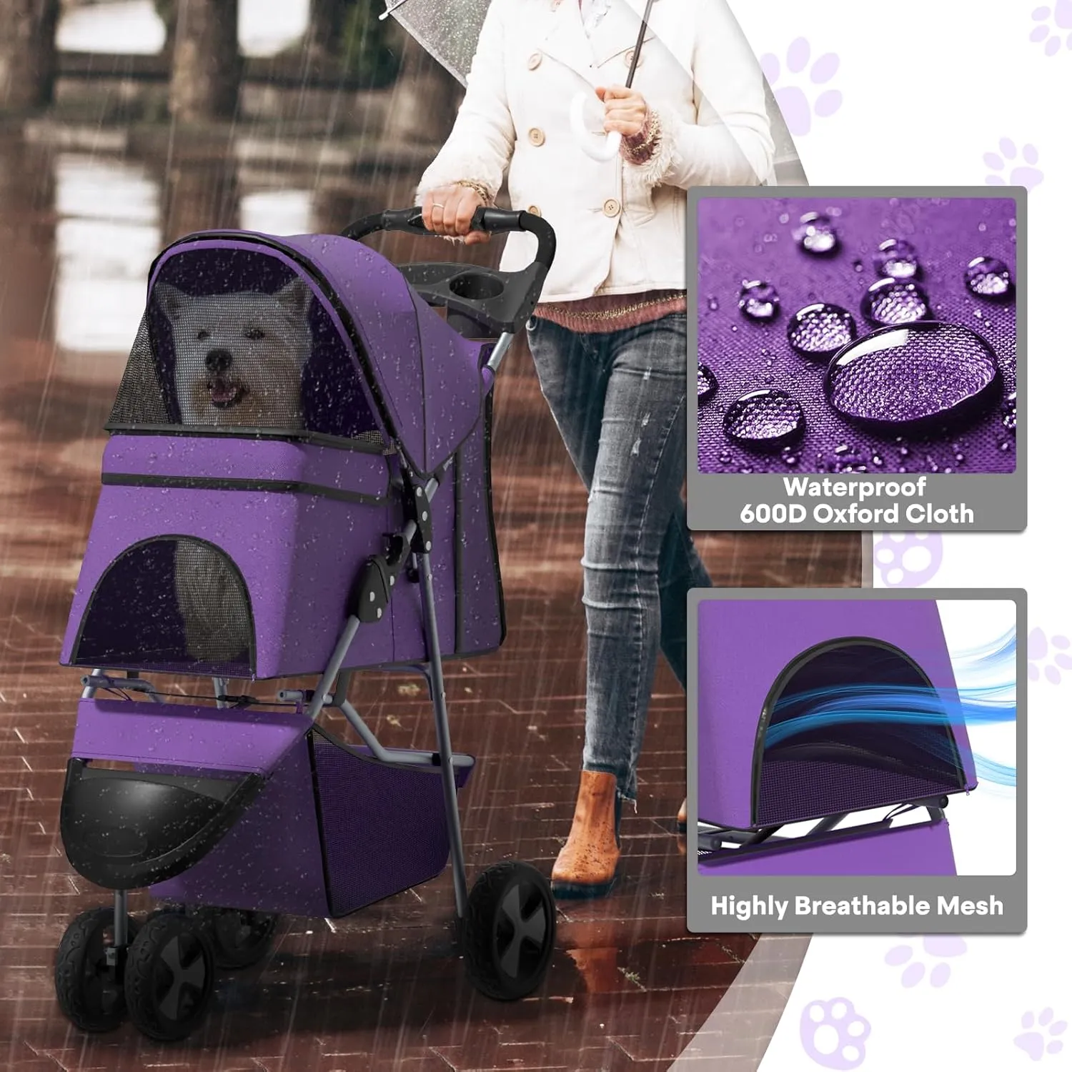 Pet Stroller for Small Dogs 10 lbs, Dog Stroller for Medium Dogs 30 lbs, Cat Strollers for 2 Cats, 3 Wheels Foldable Jogger Puppy Stroller with Storage Basket and Cup Holder, Purple