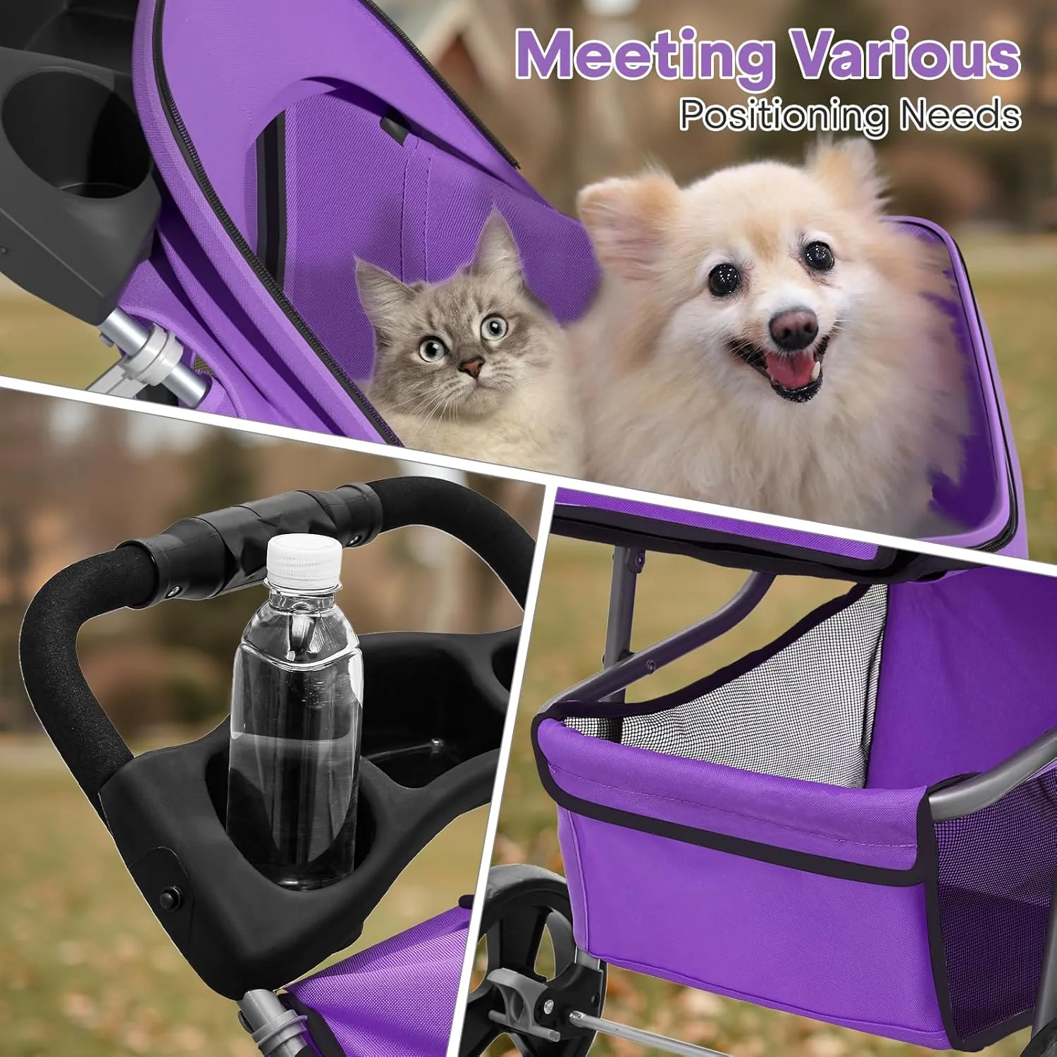 Pet Stroller for Small Dogs 10 lbs, Dog Stroller for Medium Dogs 30 lbs, Cat Strollers for 2 Cats, 3 Wheels Foldable Jogger Puppy Stroller with Storage Basket and Cup Holder, Purple