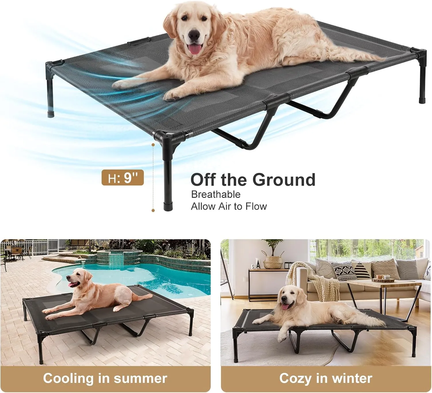 petizer 36" Elevated Dog Bed for Large Dogs, Outdoor Dog Cot Bed Waterproof, XL Dog Bed with Supporting Bars - Up to 120 LBs, Washable Breathable Raised Cooling Pet Bed, Indestructible, Large