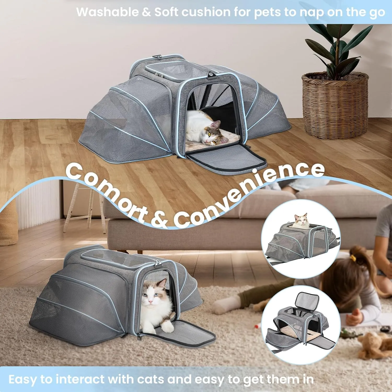 PETSFIT Expandable Cat Carrier Small Dog Carriers Airline with 2 Extension