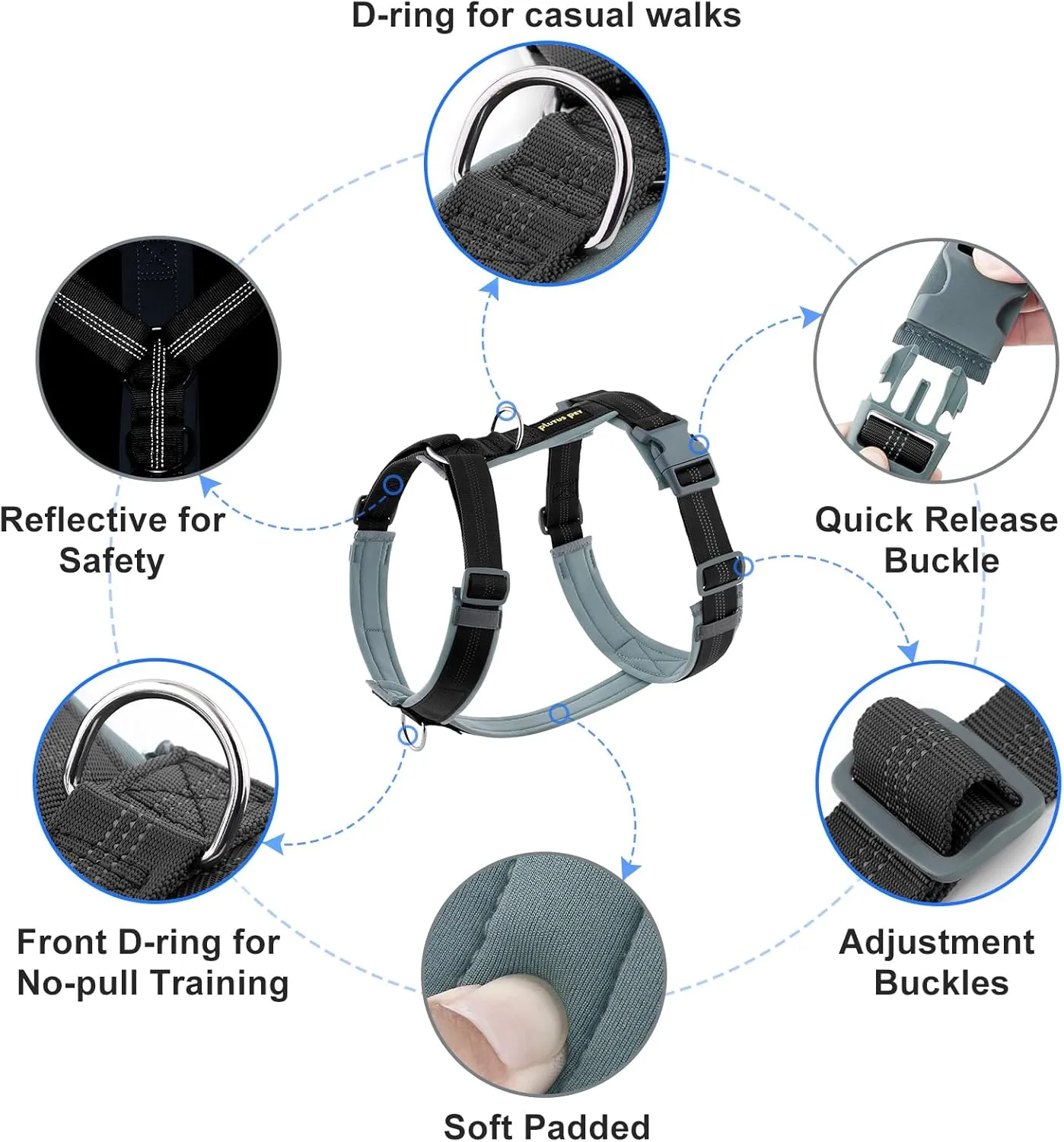 Plutus Pet No Pull Dog Harness, Adjustable Nylon Harness with Soft Padding, Reflective and Heavy Duty Dog Harness for Small, Medium, Large Dogs(Black, XL)