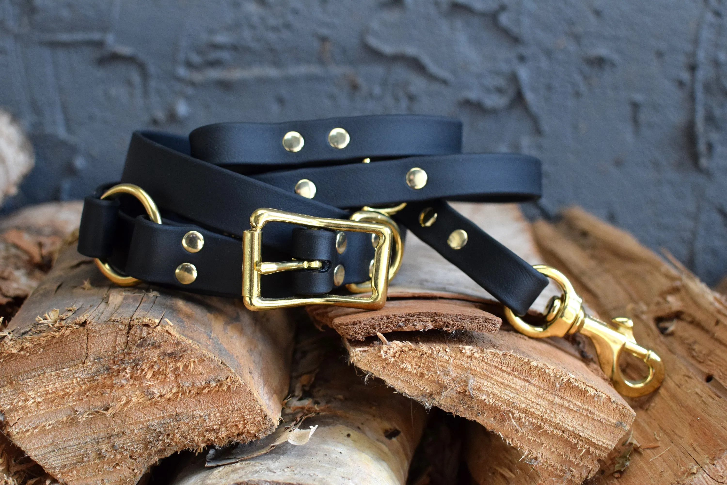 PREMADE COLLECTION - Black & Brass Convertible Biothane Hands-Free Waist Leash