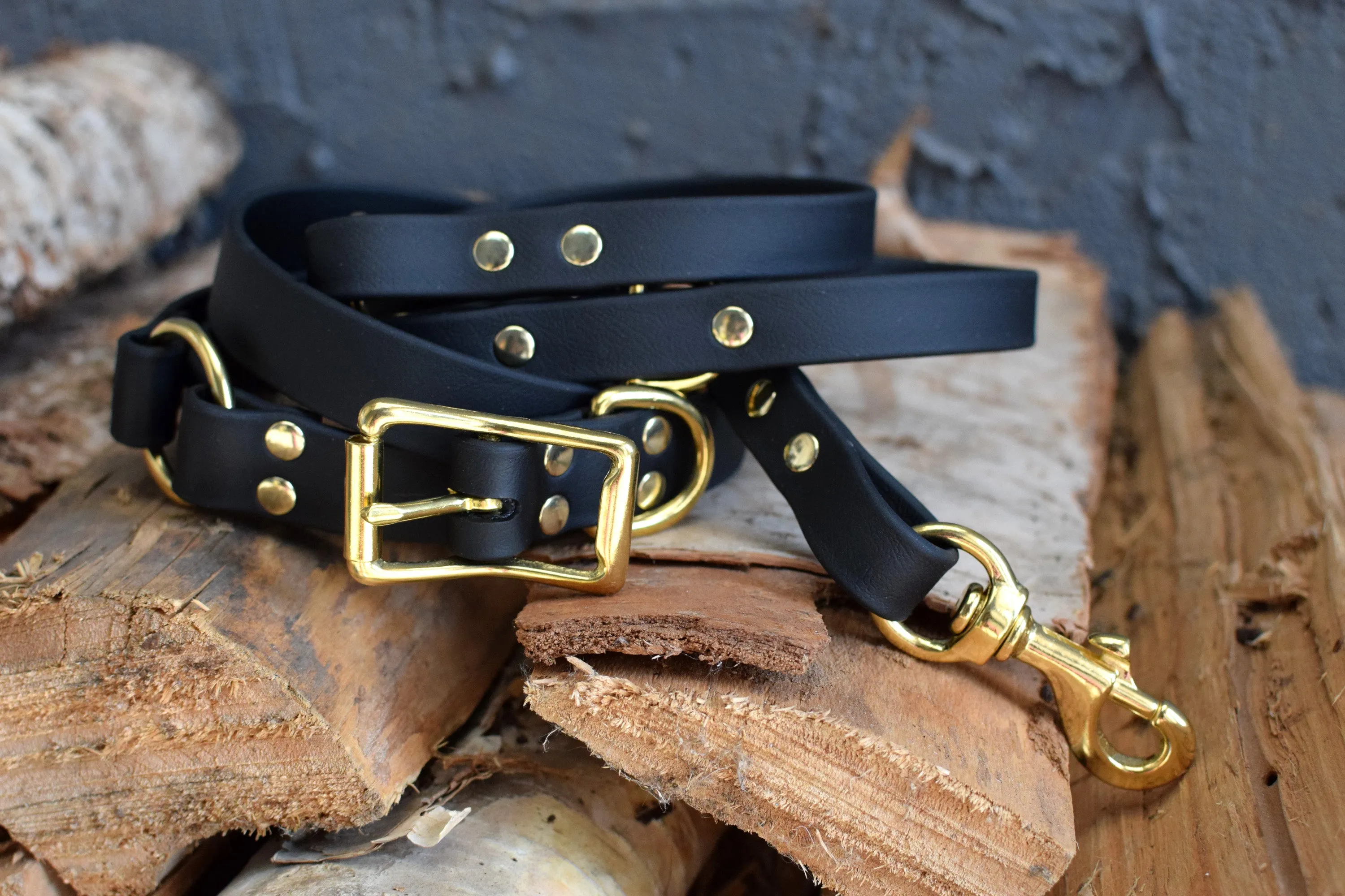 PREMADE COLLECTION - Black & Brass Convertible Biothane Hands-Free Waist Leash