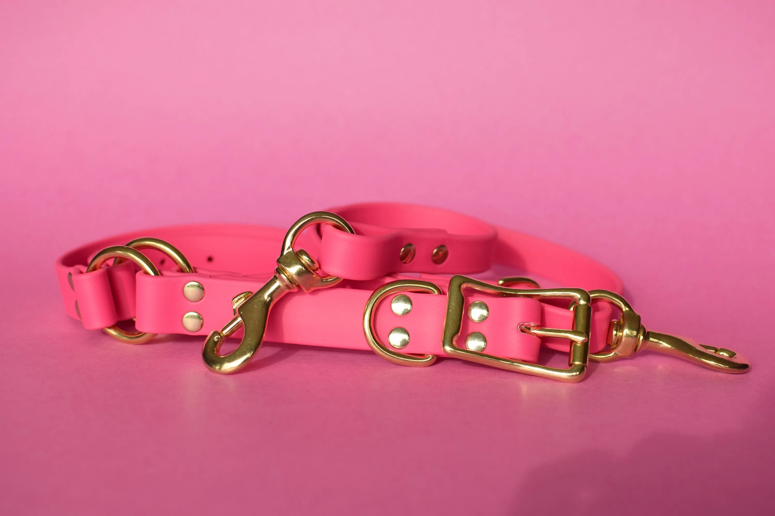 PREMADE COLLECTION - Fuchsia & Brass Convertible Biothane Hands-Free Waist Leash