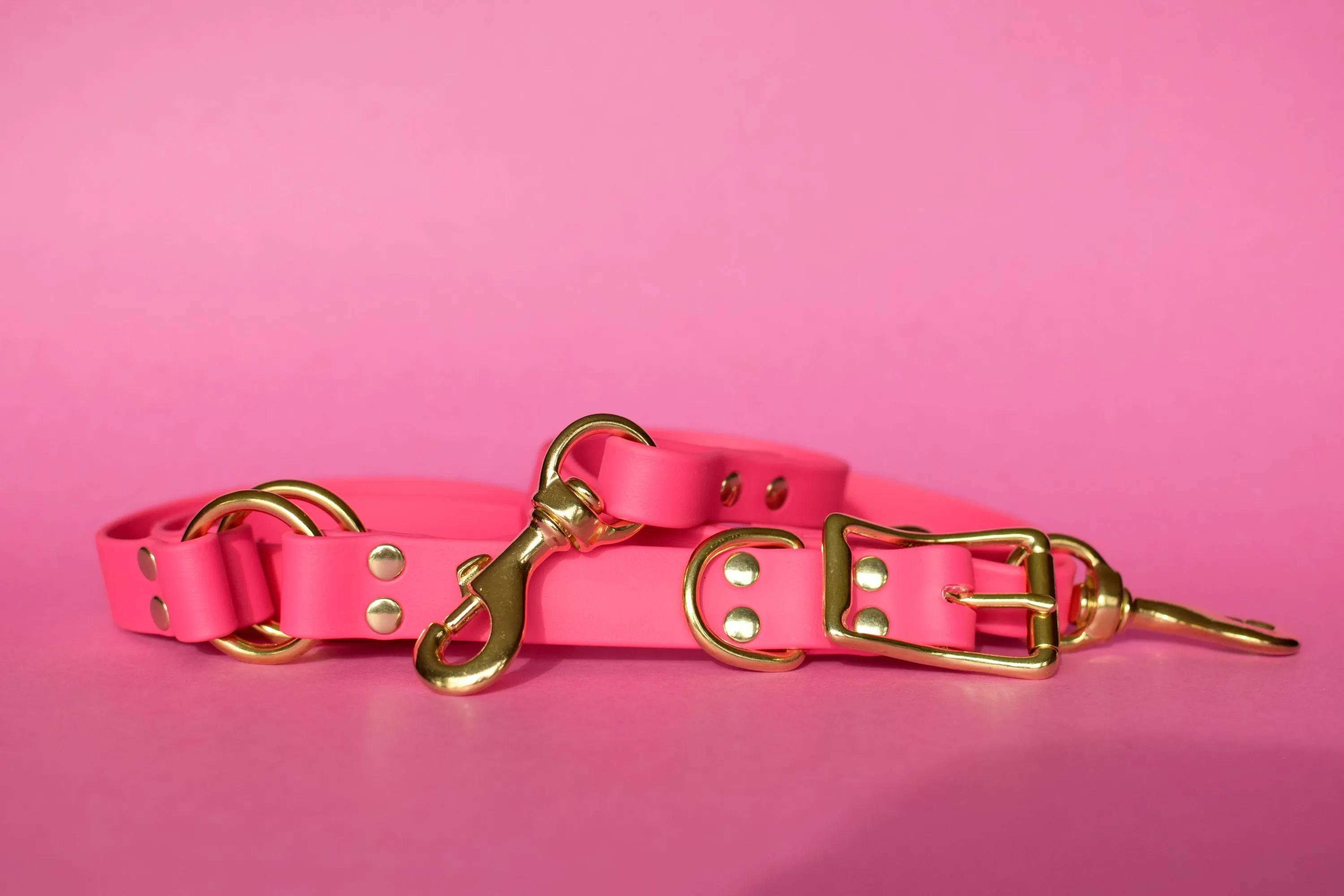 PREMADE COLLECTION - Fuchsia & Brass Convertible Biothane Hands-Free Waist Leash