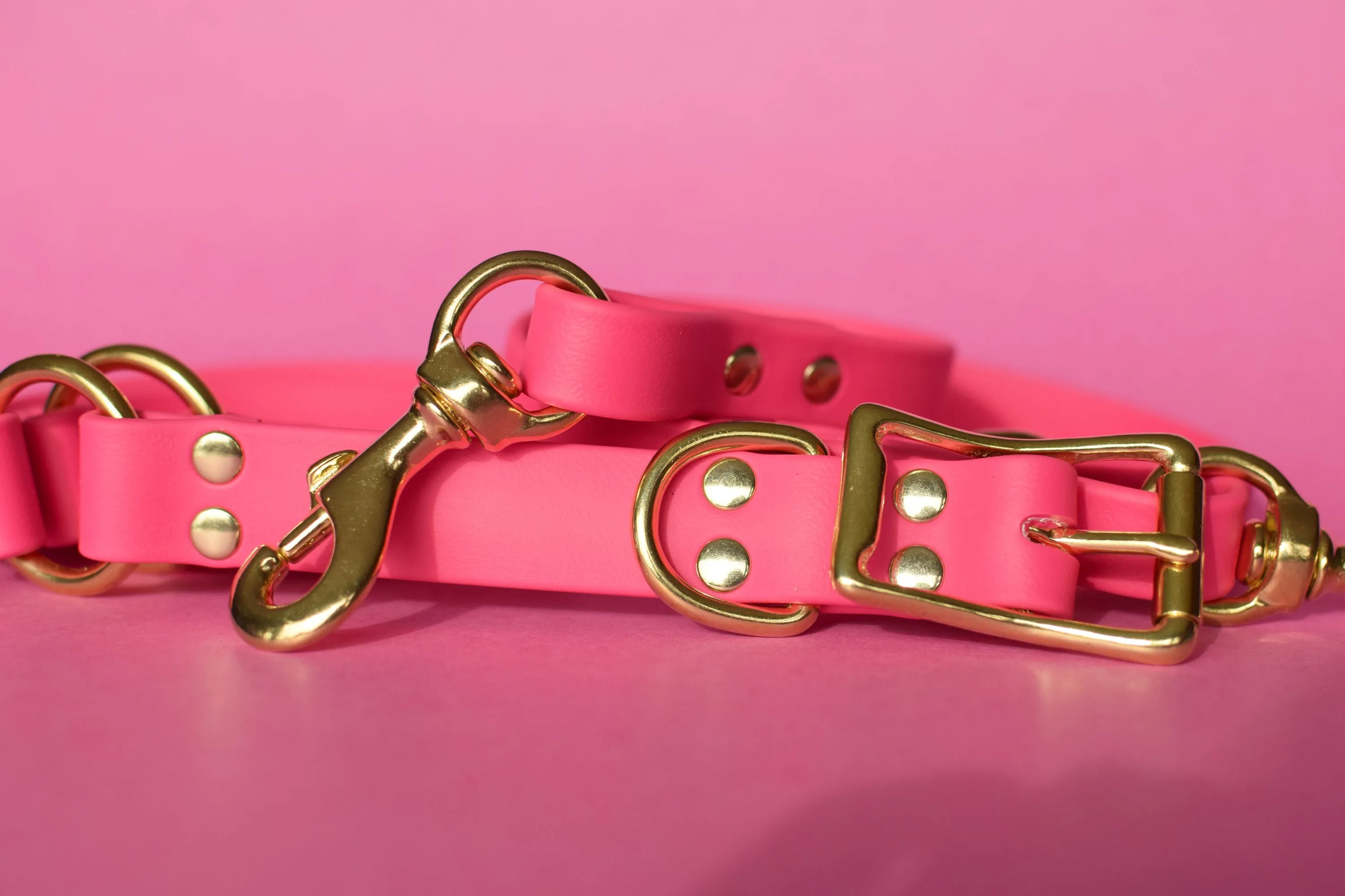 PREMADE COLLECTION - Fuchsia & Brass Convertible Biothane Hands-Free Waist Leash