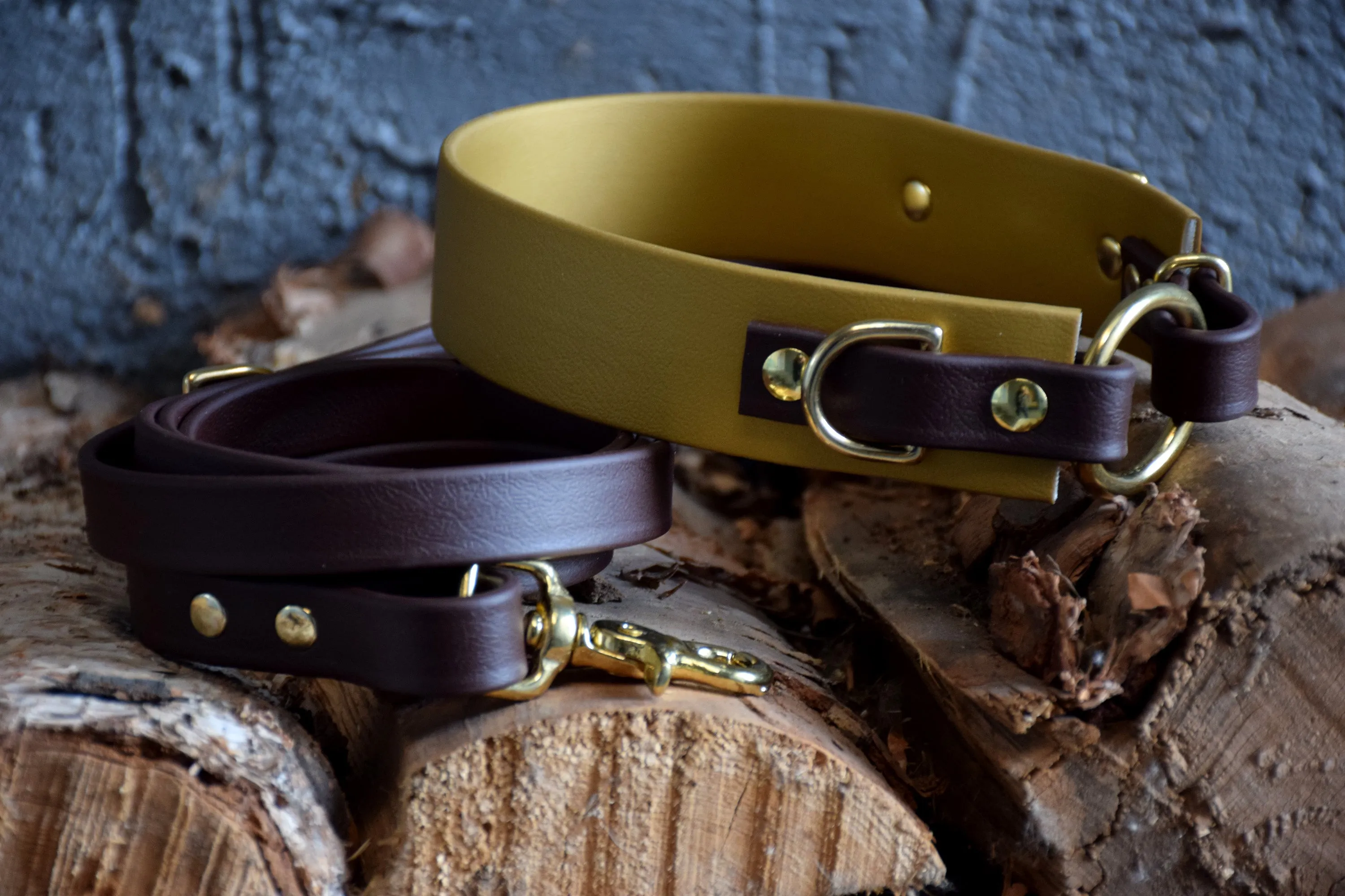 PREMADE COLLECTION - Gold & Chocolate with Brass, Osgiliath Biothane Dog Collar