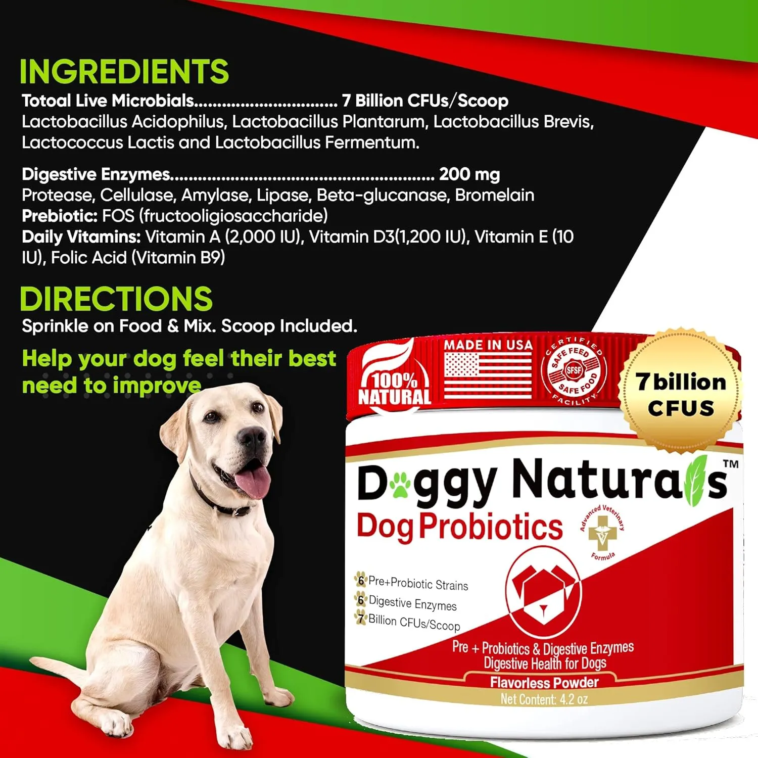 Probiotics for Dogs and Cats - Advanced Max-Strength Digestive Health, Increase & Maintain Proper Gut Flora- All Natural Probiotics Powder - (Made in USA) 4.2 Oz(7 Billion CFU Per Scoop)