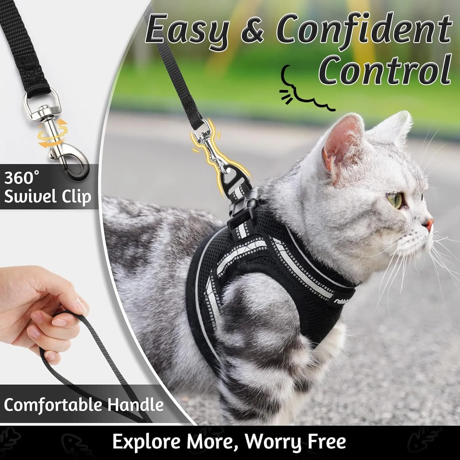 rabbitgoo Cat Harness and Leash Set for Walking Escape Proof, Adjustable Soft Kittens Vest with Reflective Strip for Cats, Comfortable Outdoor Vest, Black, M