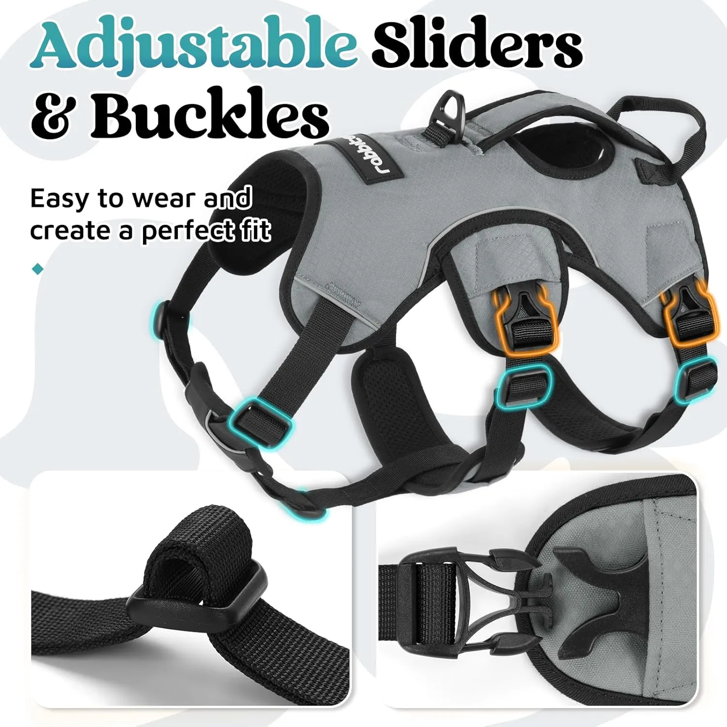 rabbitgoo Escape Proof Dog Harness, Soft Padded Full Body Pet Harness, Reflective Adjustable No Pull Vest with Lift Handle and Leash Clip for Large Dogs Walking Hiking Training, M, Grey