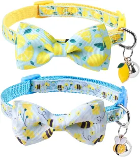 SCENEREAL Breakaway Cat Collar with Bell, 2 Pack Safety Adjustable Cat Collars with Pendant, Personalised Puppy Kitten Collar with Bow for Spring Summer Boys Girls, Lemon Bee