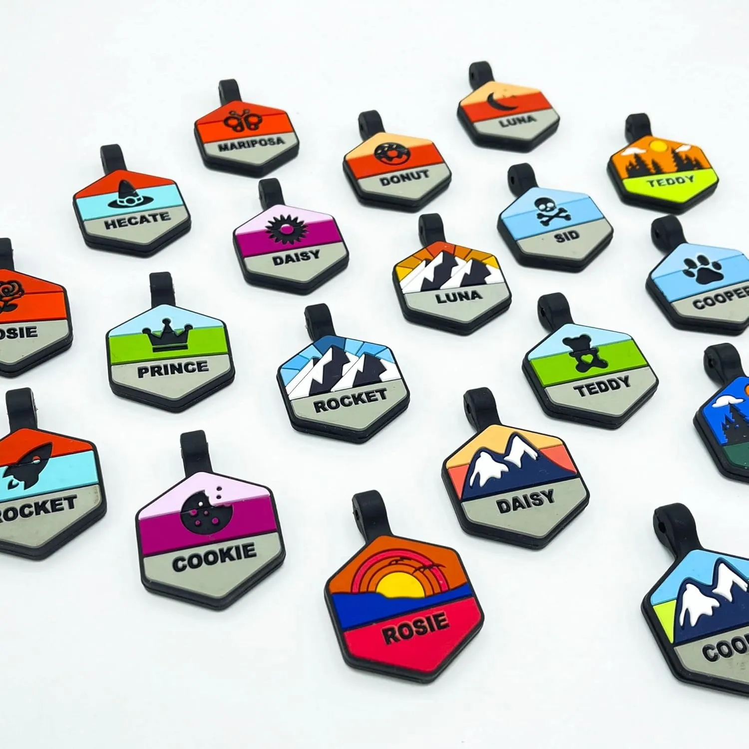 Silent Dog Tag Personalized with 5 Lines of Custom Deep Engraved Durable Soundless Silicone Pet ID Name Tag Hexagon Mountain Orange