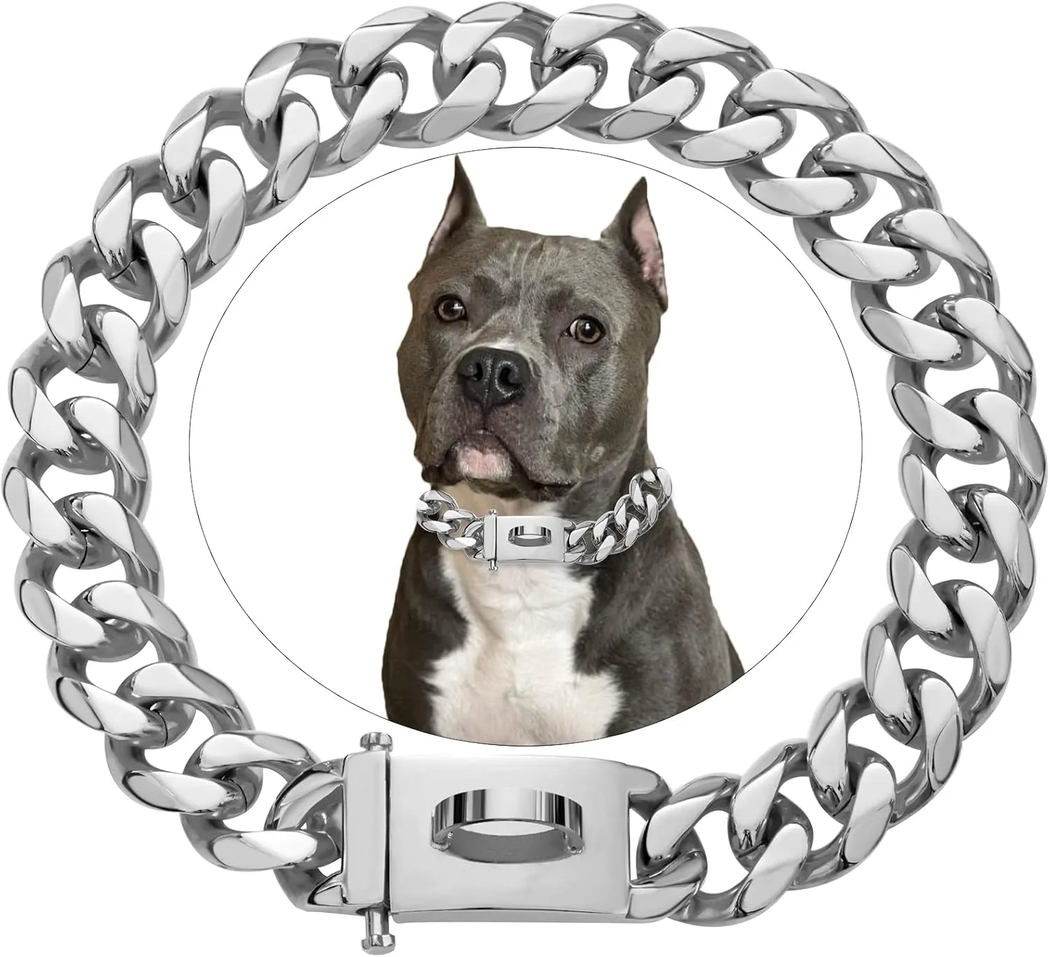 Silver Luxury Pet Cuban Link Dog Collar, Charm Custom Engrave ID Tags Stainless Steel Personalized Puppy Dog Collar with Premium Buckle, Small Medium Large Dog Collar 10Inch-26Inch