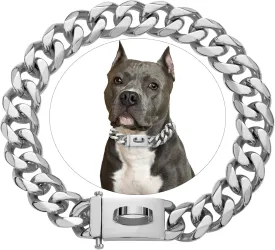 Silver Luxury Pet Cuban Link Dog Collar, Charm Custom Engrave ID Tags Stainless Steel Personalized Puppy Dog Collar with Premium Buckle, Small Medium Large Dog Collar 10Inch-26Inch