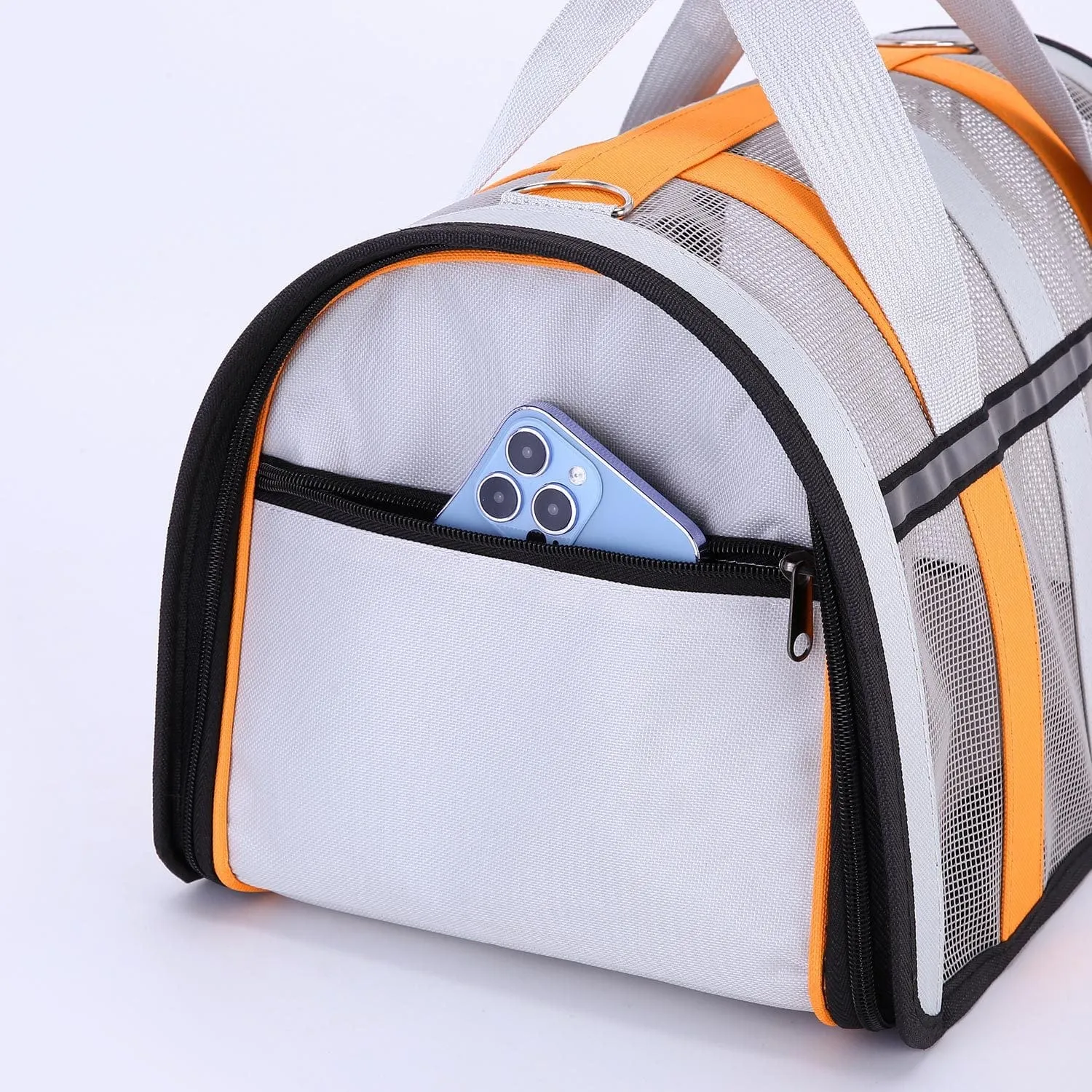 Size M Orange And Grey Foldable Pet Carrier Bag - Lightweight, Breathable, and Spacious for All Seasons