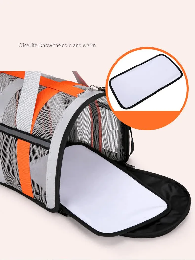 Size M Orange And Grey Foldable Pet Carrier Bag - Lightweight, Breathable, and Spacious for All Seasons