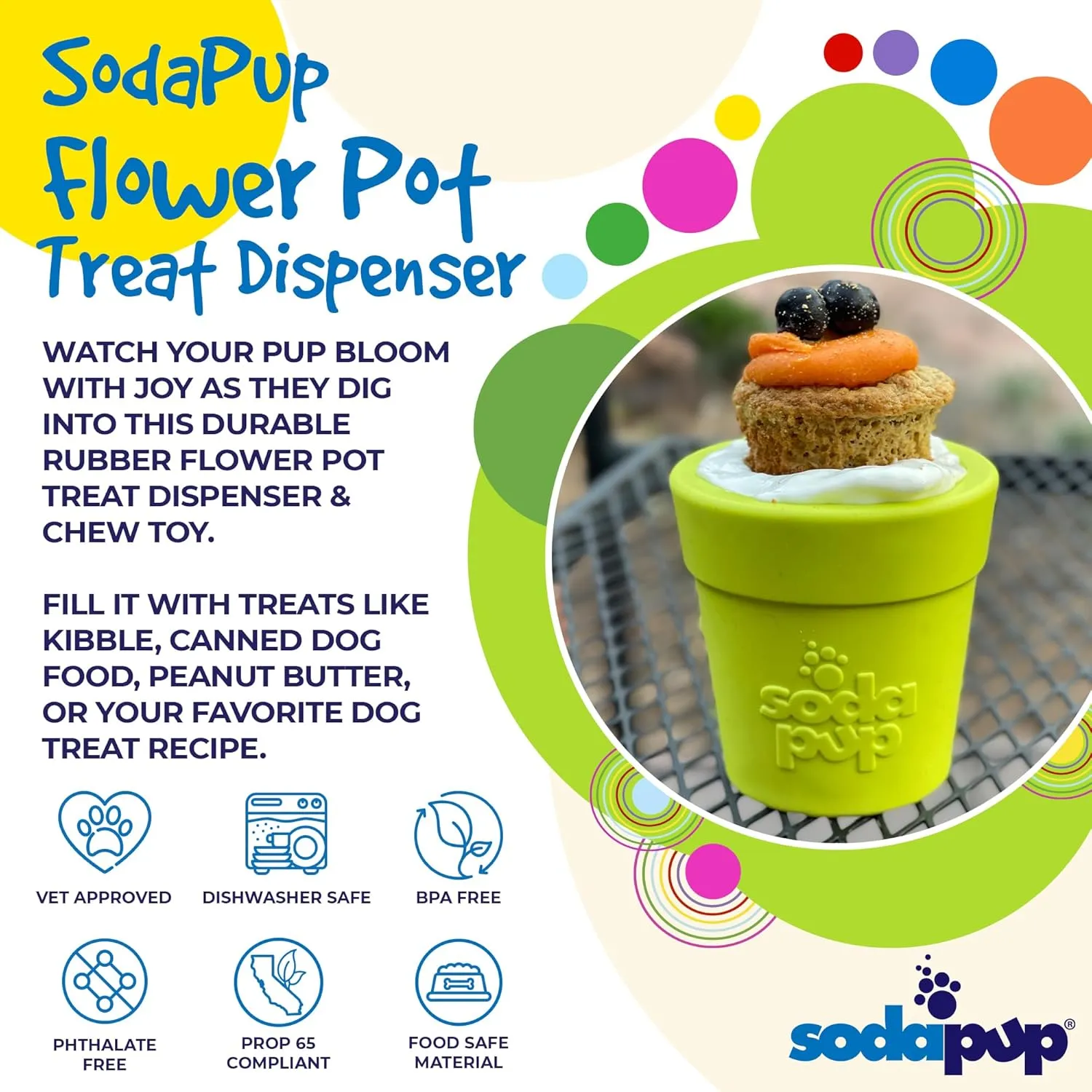 SodaPup Flower Pot  Durable Dog Treat Dispenser & Chew Toy Made in USA from Non-Toxic, Pet Safe, Food Safe Rubber Material for Mental Stimulation, Problem Chewing, Calming Nerves, & More
