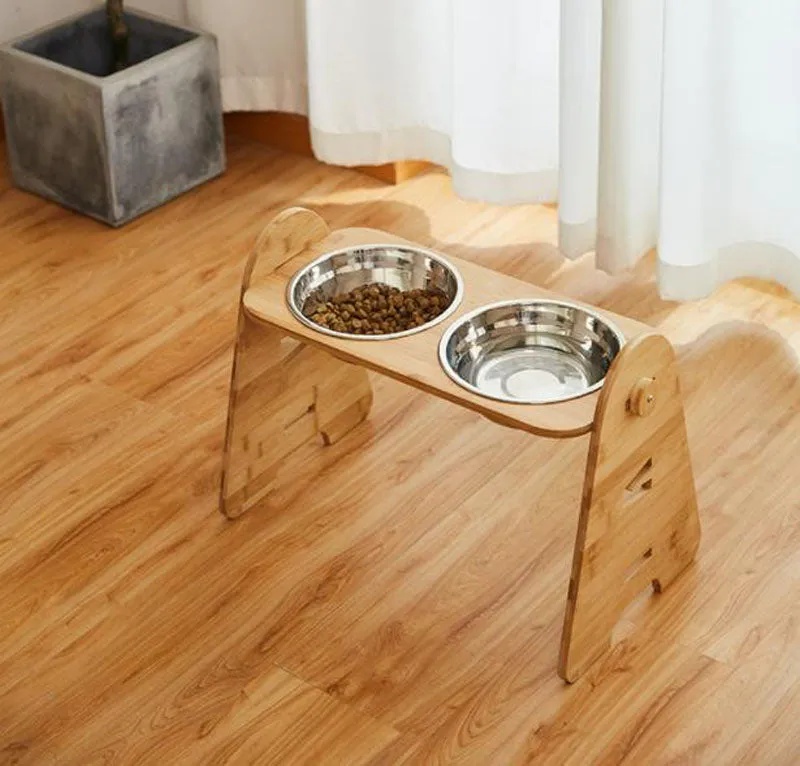 Stainless steel pet double bowl with adjustable bamboo and wooden frame for medium and large dogs