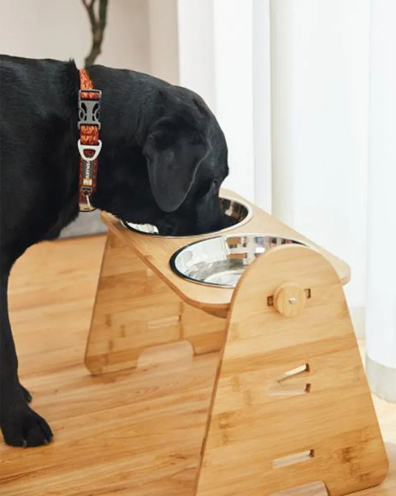 Stainless steel pet double bowl with adjustable bamboo and wooden frame for medium and large dogs