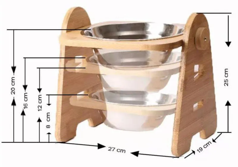 Stainless steel pet double bowl with adjustable bamboo and wooden frame for medium and large dogs