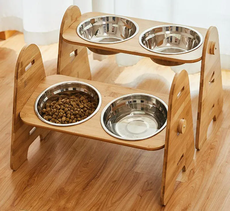 Stainless steel pet double bowl with adjustable bamboo and wooden frame for medium and large dogs