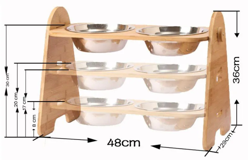 Stainless steel pet double bowl with adjustable bamboo and wooden frame for medium and large dogs