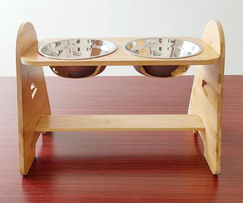 Stainless steel pet double bowl with adjustable bamboo and wooden frame for medium and large dogs