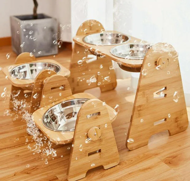 Stainless steel pet double bowl with adjustable bamboo and wooden frame for medium and large dogs
