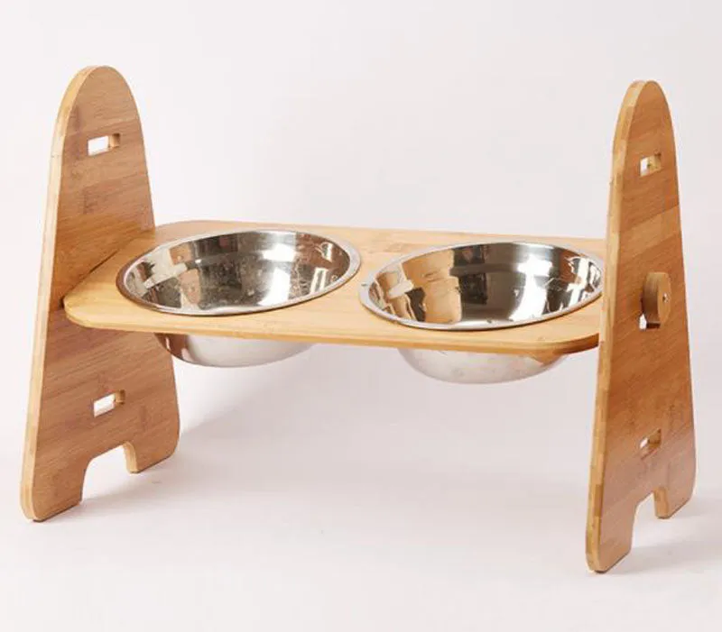 Stainless steel pet double bowl with adjustable bamboo and wooden frame for medium and large dogs