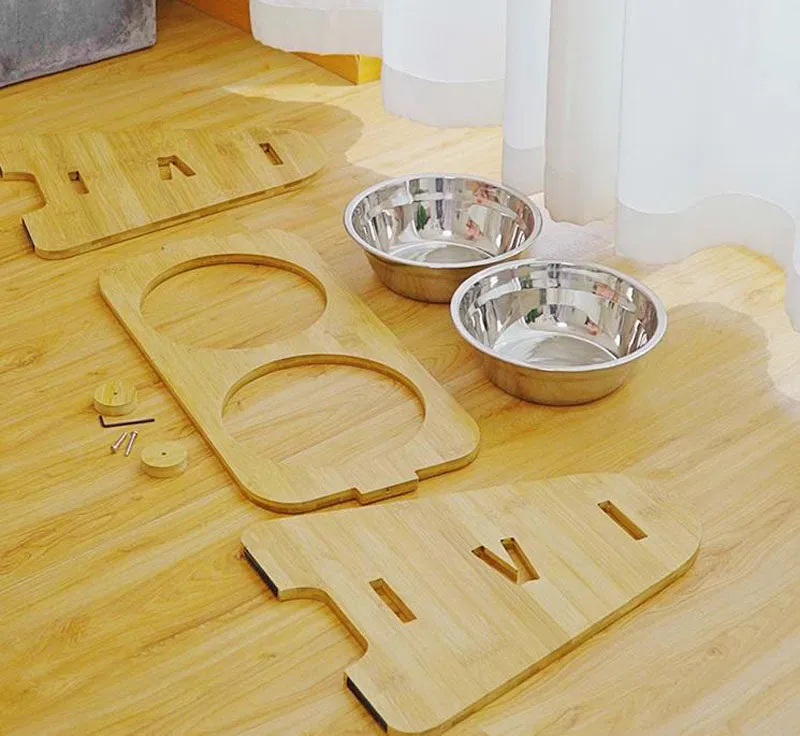 Stainless steel pet double bowl with adjustable bamboo and wooden frame for medium and large dogs