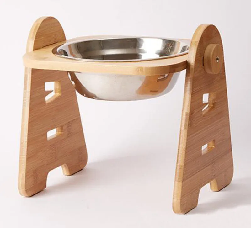 Stainless steel pet double bowl with adjustable bamboo and wooden frame for medium and large dogs