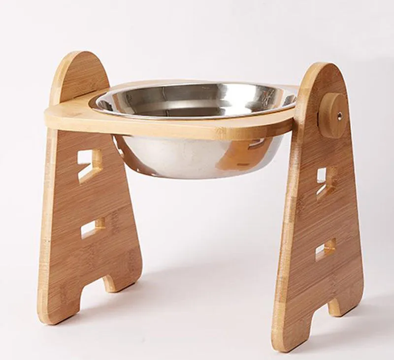 Stainless steel pet double bowl with adjustable bamboo and wooden frame for medium and large dogs