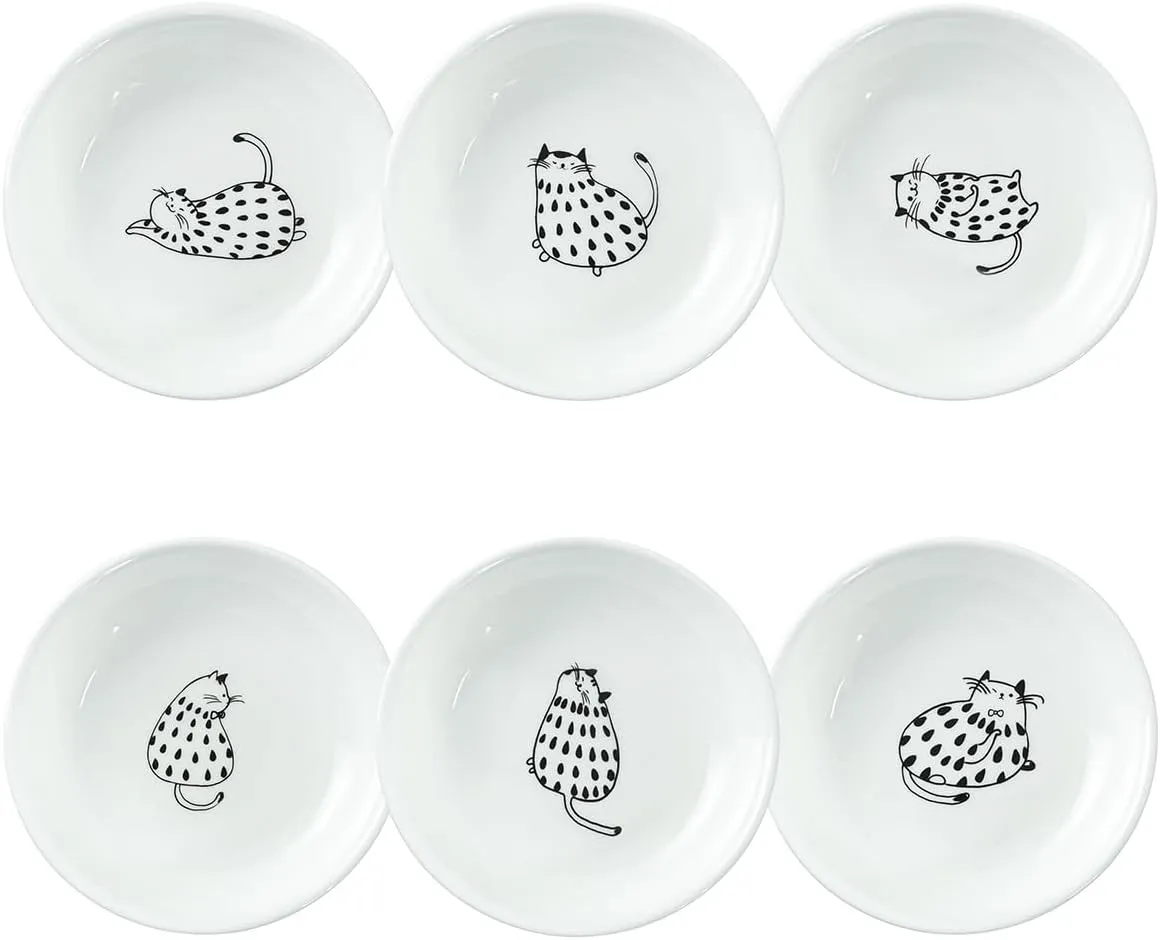 Super Cute Rain Dot Cat Ceramic Sauce Dish/Seasoning Dish/Sushi Soy Dipping Bowl/Appetizer Plates/Serving Dish for Kitchen Home(Set of 6)