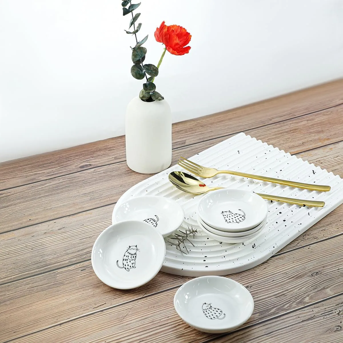 Super Cute Rain Dot Cat Ceramic Sauce Dish/Seasoning Dish/Sushi Soy Dipping Bowl/Appetizer Plates/Serving Dish for Kitchen Home(Set of 6)