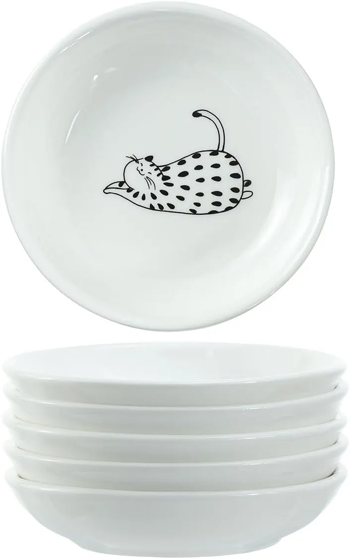 Super Cute Rain Dot Cat Ceramic Sauce Dish/Seasoning Dish/Sushi Soy Dipping Bowl/Appetizer Plates/Serving Dish for Kitchen Home(Set of 6)