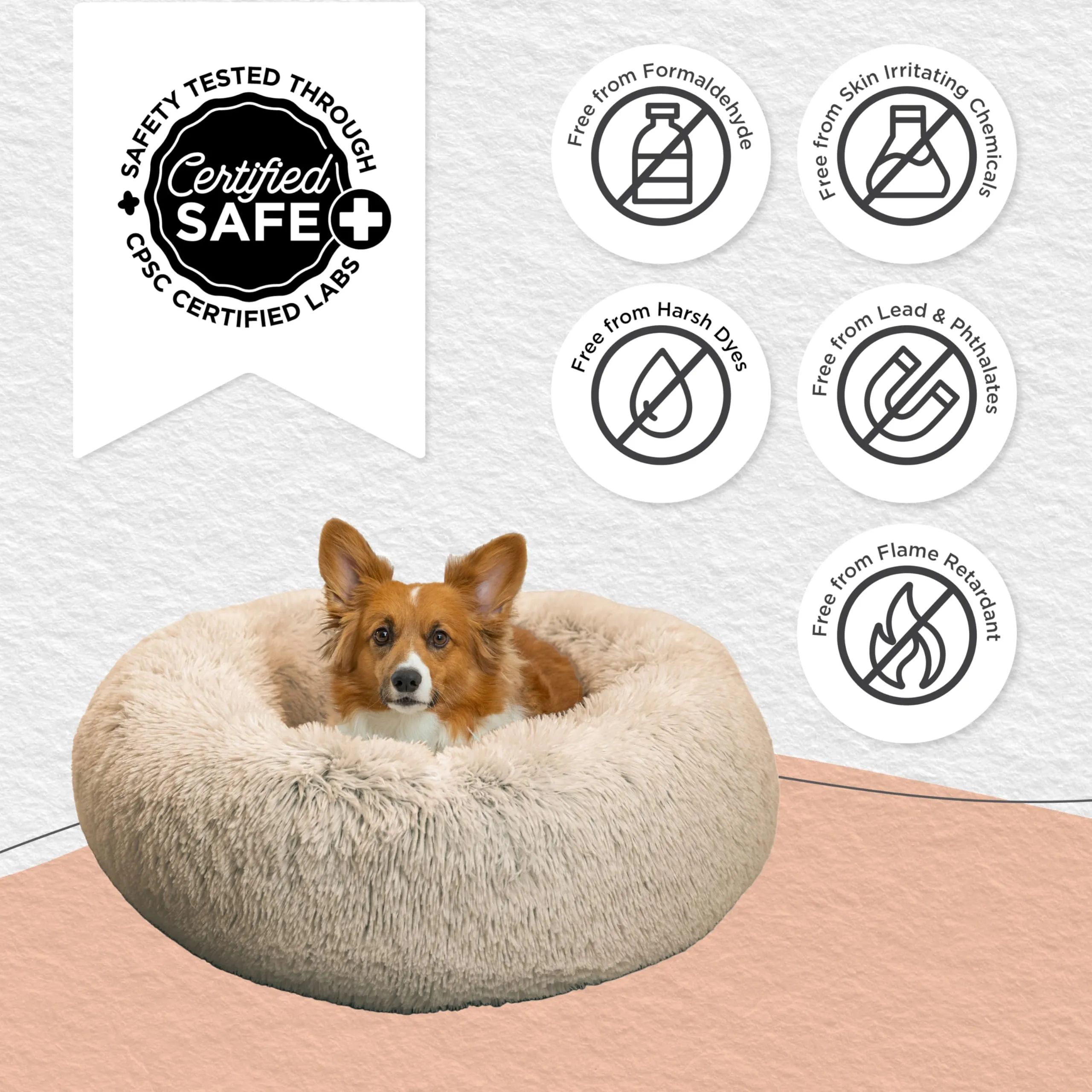 Taupe Shag Calming Donut Pet Bed Medium 30x30