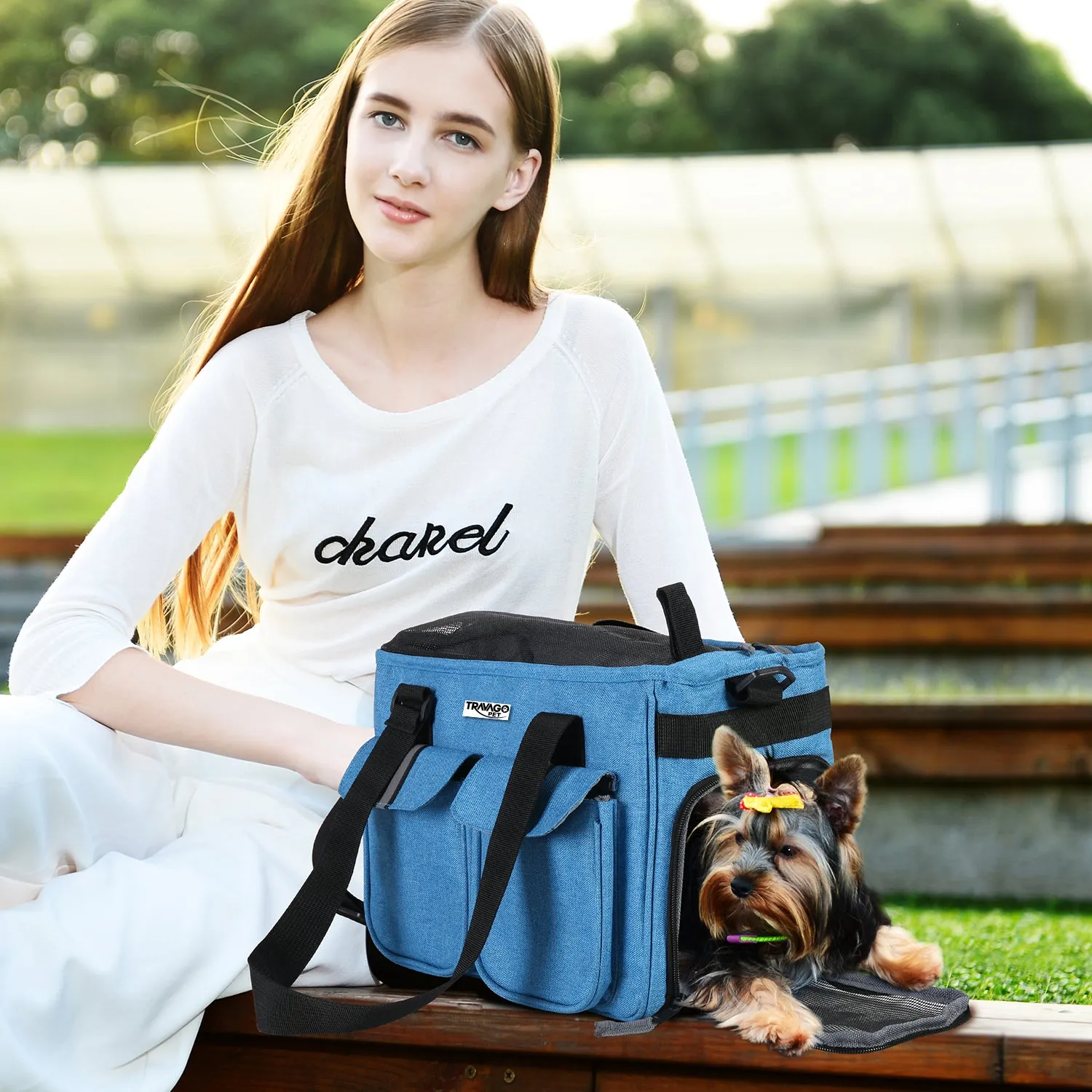 TRAVAGO PET Collapsible Airline Travel Pet Carrier Bag, Portable Small Animal Carrier, Blue, 16''