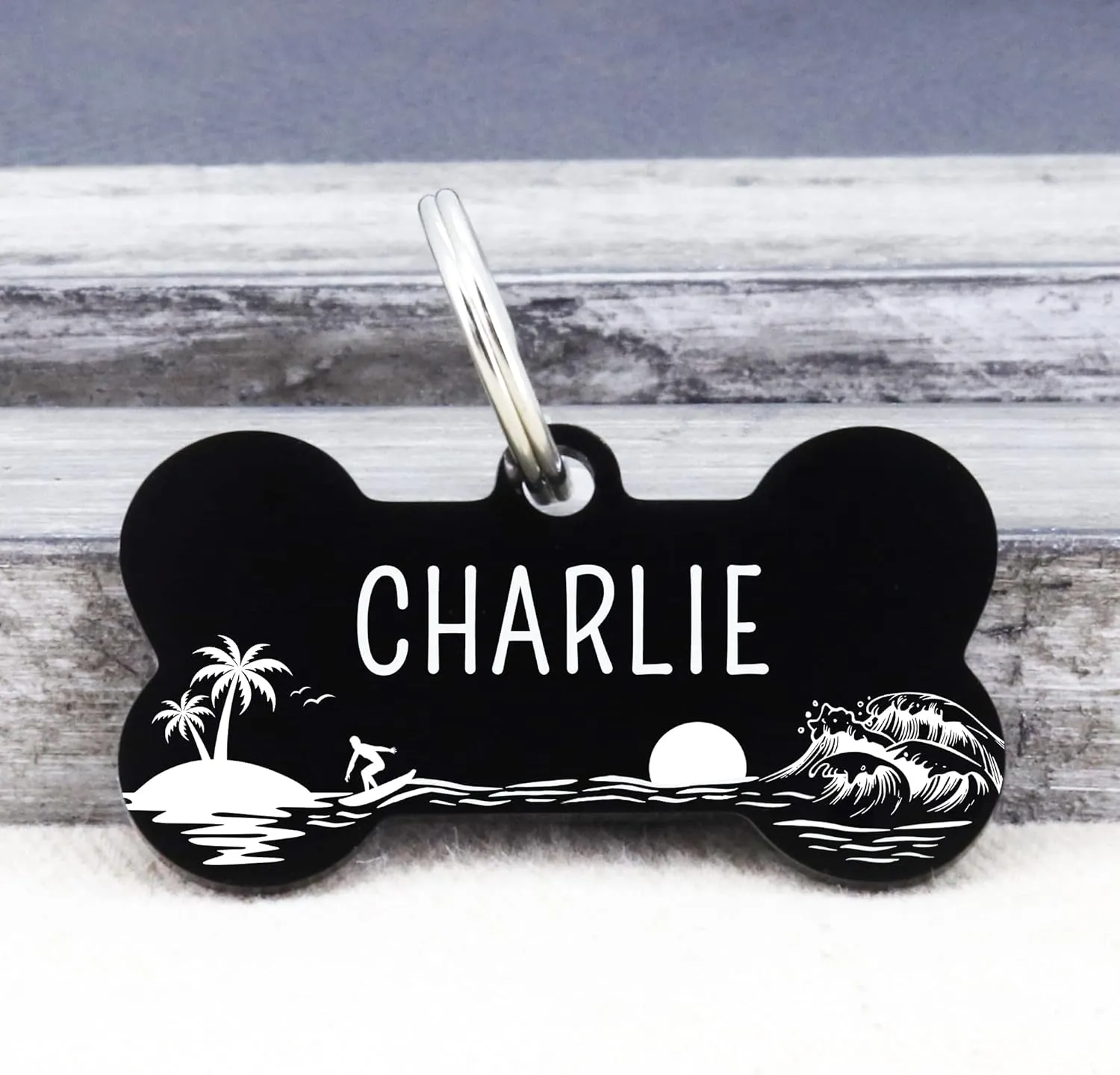 UltraJoys Stainless Steel Personalized Dog ID Tags - Custom Front & Back Engraving, Bone Tag with Ocean Surfing Design, Large