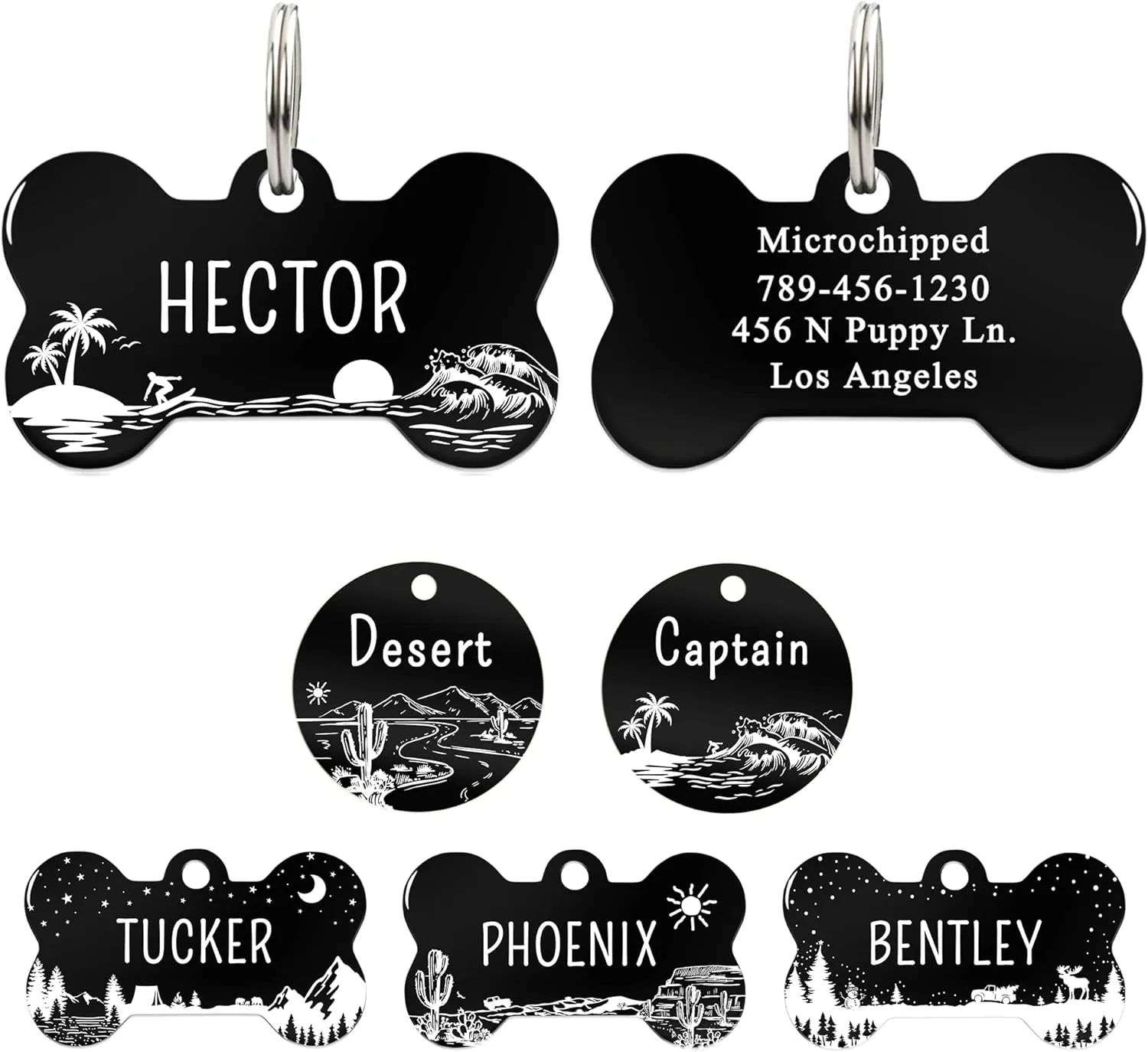 UltraJoys Stainless Steel Personalized Dog ID Tags - Custom Front & Back Engraving, Bone Tag with Ocean Surfing Design, Large