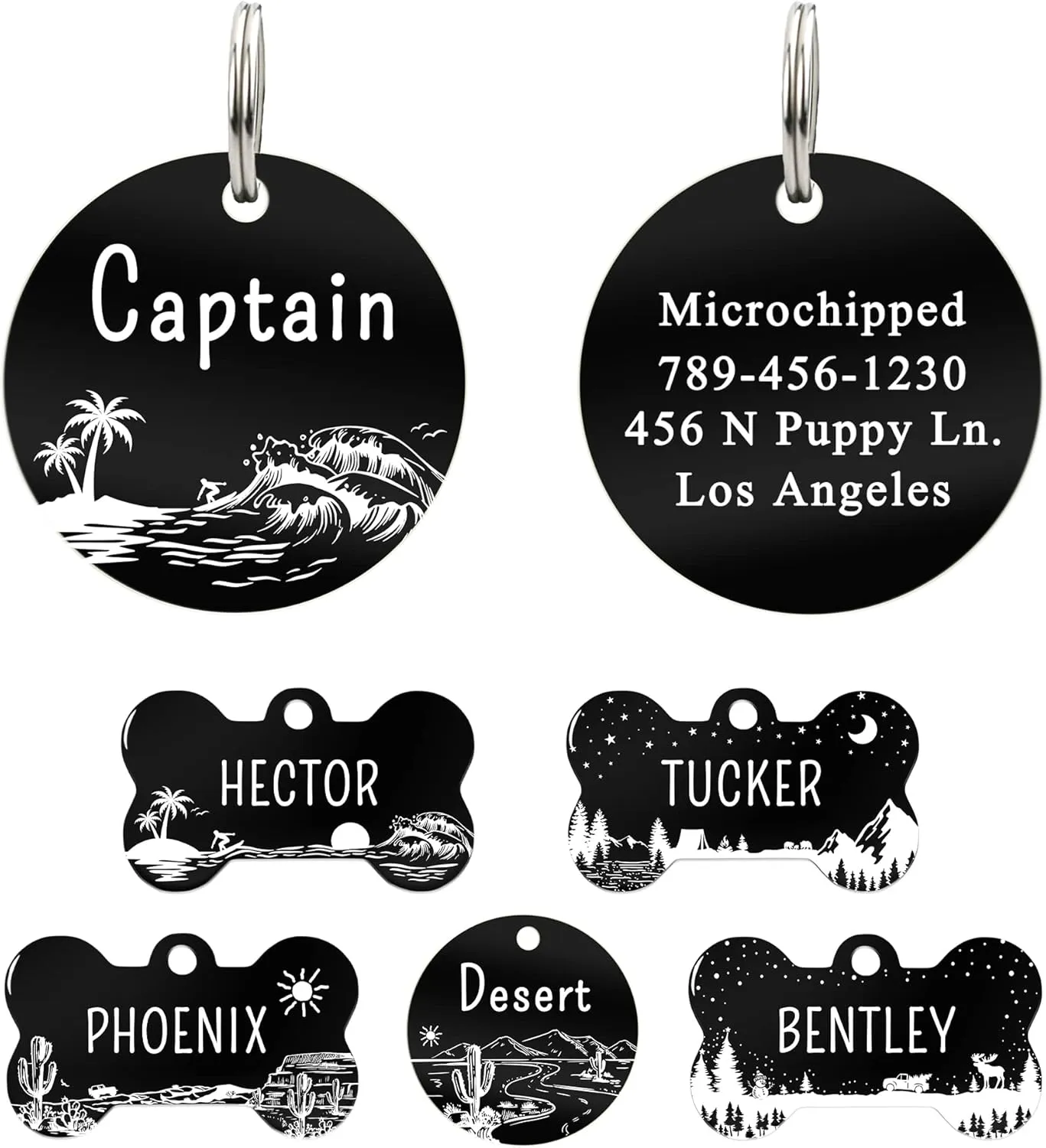 UltraJoys Stainless Steel Pet ID Tag - Personalized Front and Back Engraving, Custom Cat & Dog Tags with Ocean Surfing Design