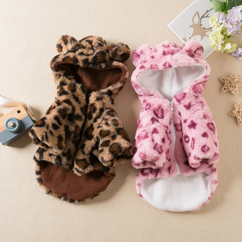Warm Fleece Leopard Print Dog Hoodie for Small Dogs - Autumn/Winter Collection