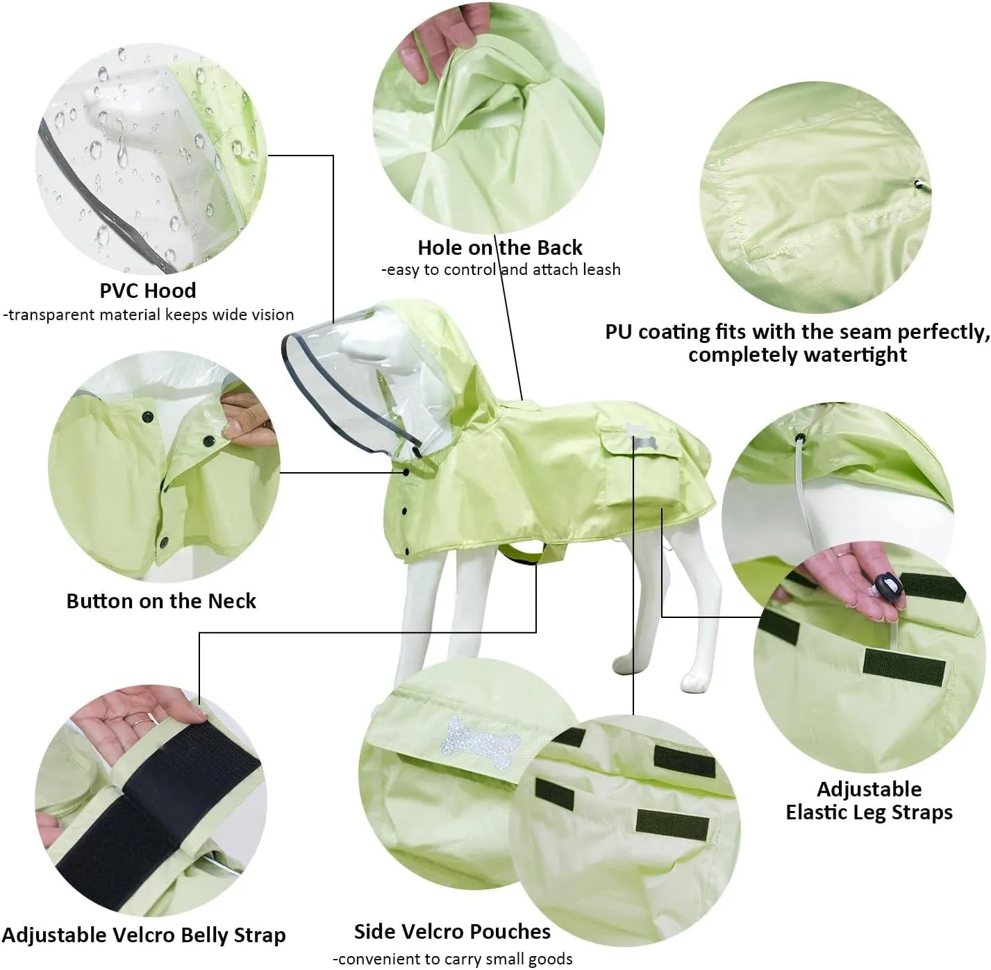 Waterproof Dog Raincoat, Adjustable Reflective Lightweight Pet Rain Clothes with Poncho Hood(Large,Light Green)