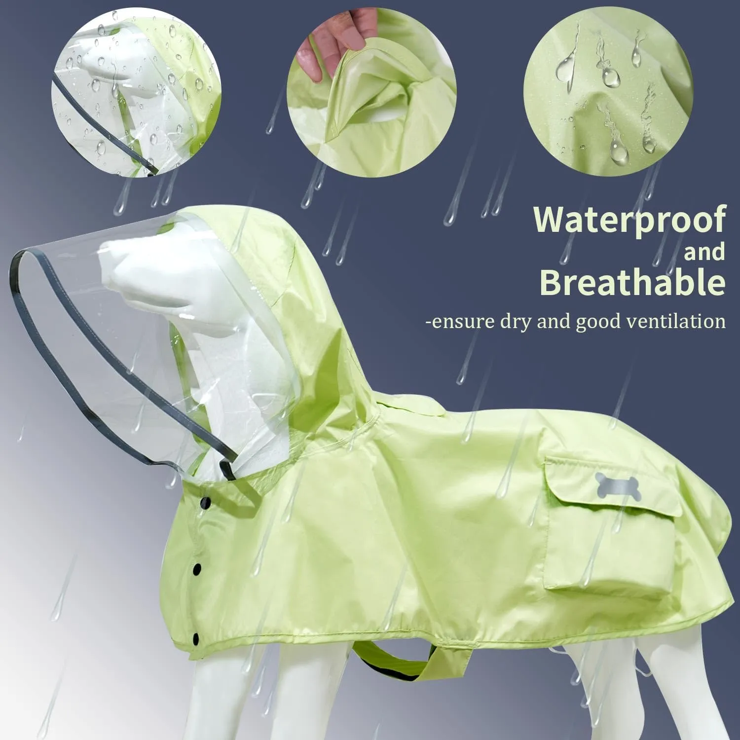 Waterproof Dog Raincoat, Adjustable Reflective Lightweight Pet Rain Clothes with Poncho Hood(Large,Light Green)