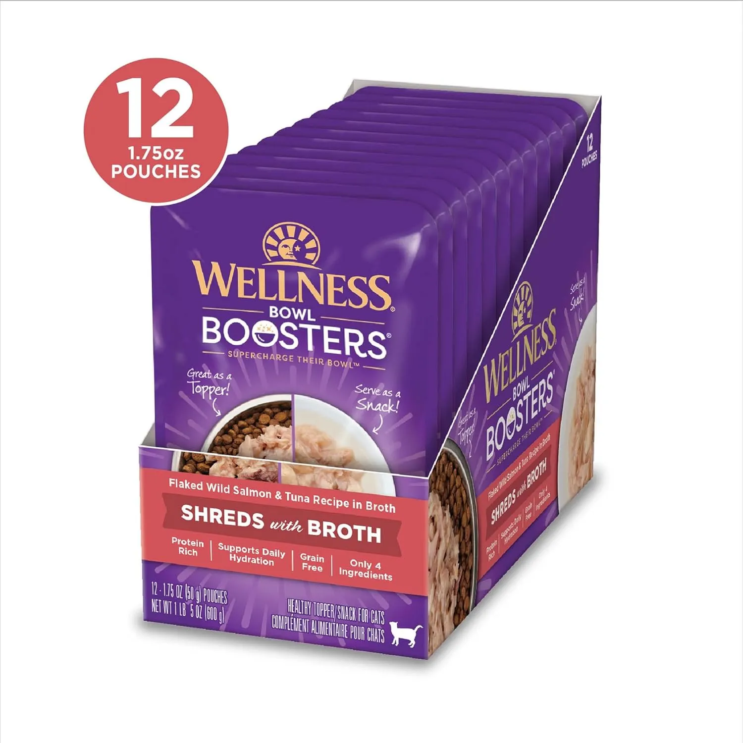 Wellness Bowl Boosters Wet Cat Food Topper, Grain Free, Natural, Flaked Salmon & Tuna Recipe in Broth, 1.75 Ounce Pouch (Pack of 12)