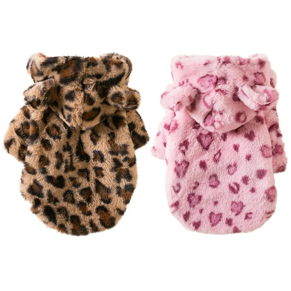 Winter Pet Dog Clothes - Keep Your Small Dogs Warm with a Fleece Dog Hoodie - Stylish Leopard Dog Coat Jacket - Ideal French Bulldog Clothing and Pet Costumes