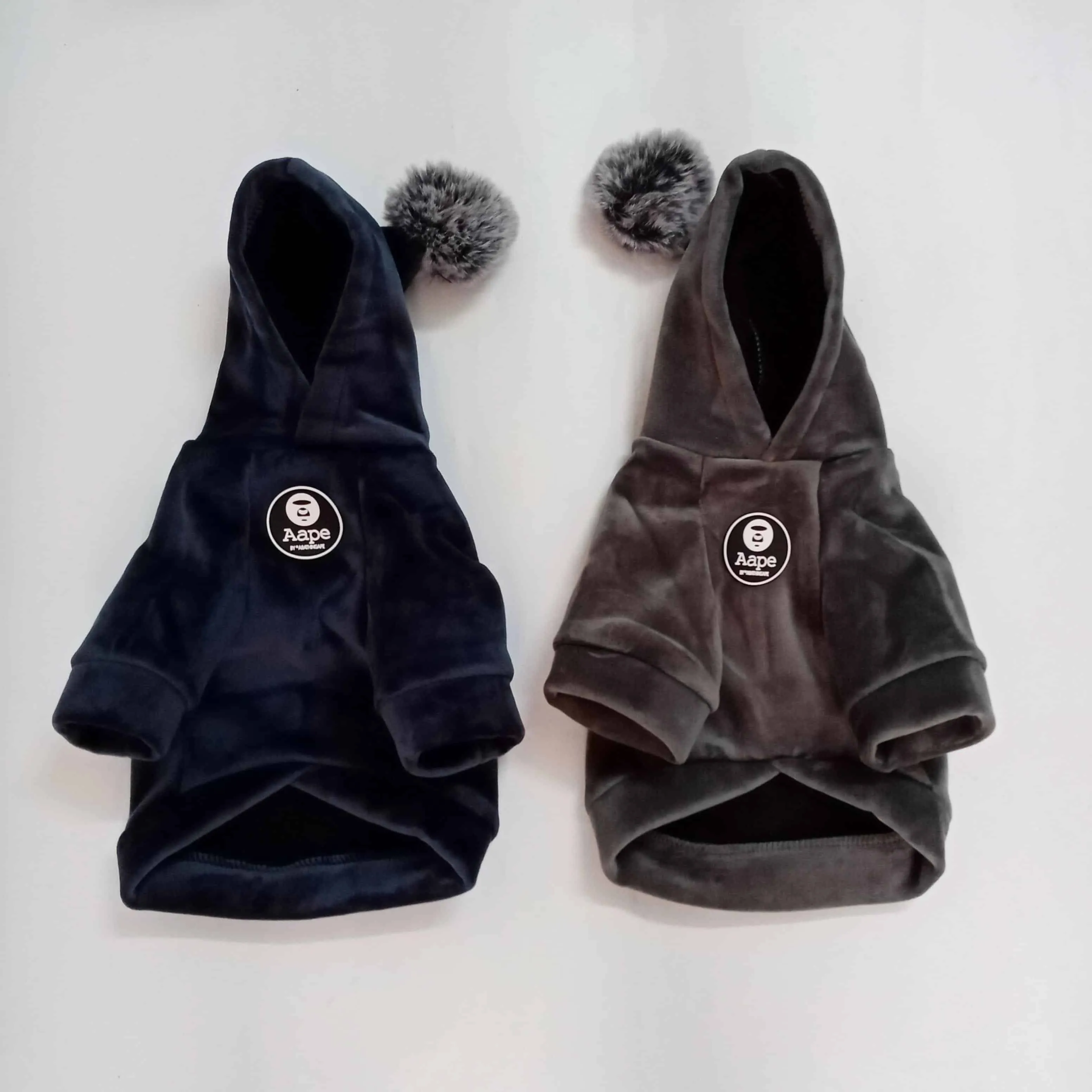 Winter Velour (Velvet Feel) Pom Dog Hoodie Sweatshirt - Grey or Navy